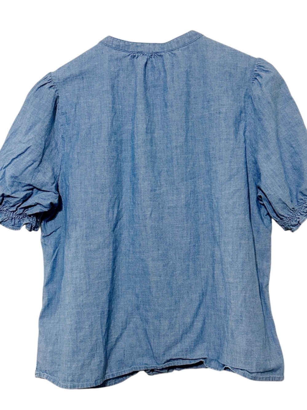 J.Crew Chambray Blue Preppy Ruffle Puff Sleeve Button Front Cotton Blouse Large - Picture 4 of 7